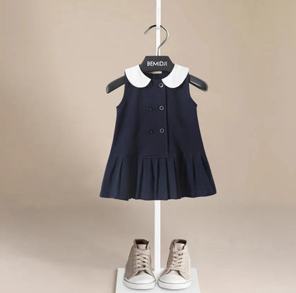 Girls Dress Summer Party Sleeveless  Plaid Dress Cotton Kids Dresses College Style Pleated Skirt Navy Blue New Year Costumes
