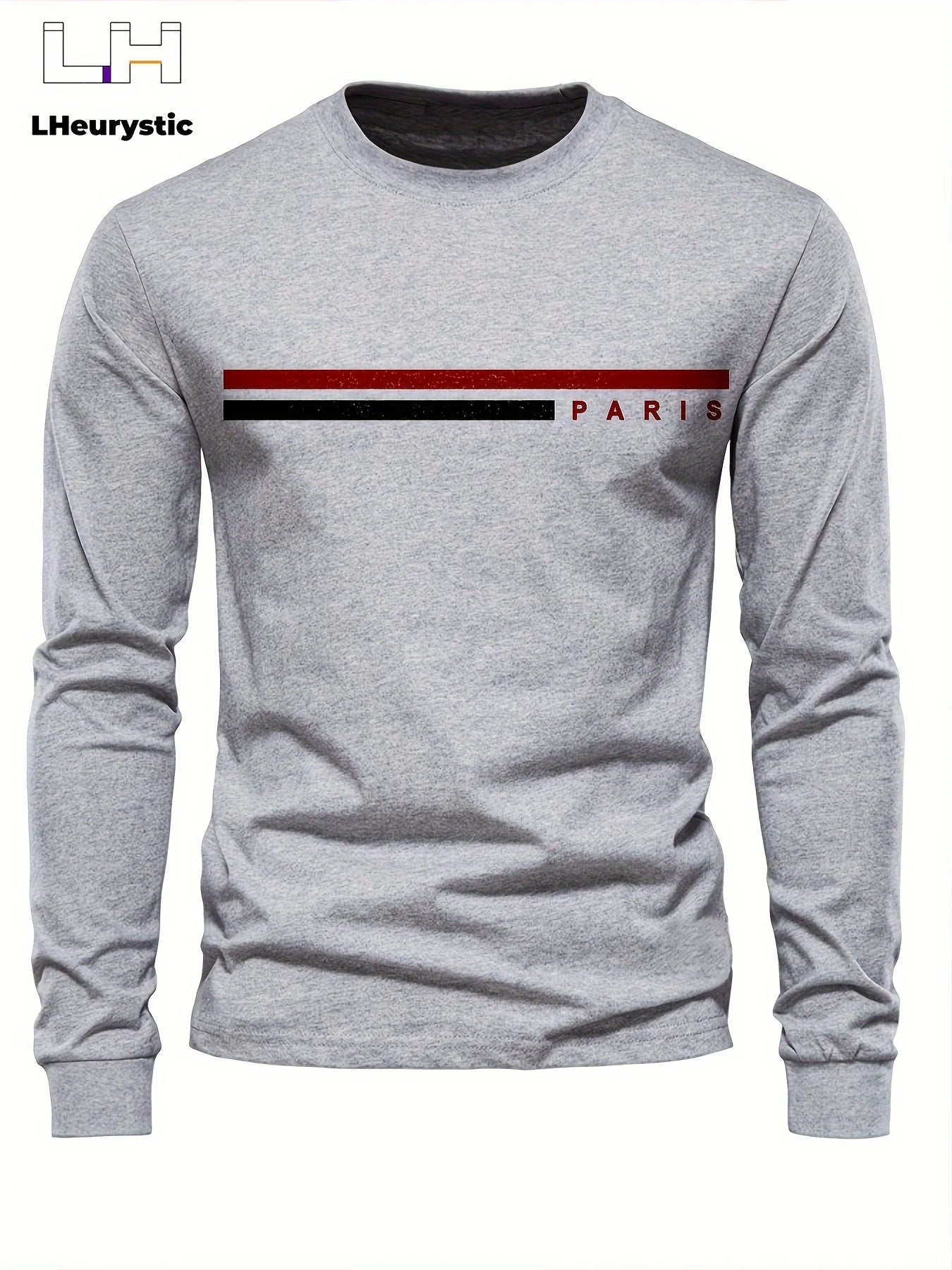 Men's 100% pure cotton summer loose comfortable casual  PARIS print large round neck long sleeve T-shirt top