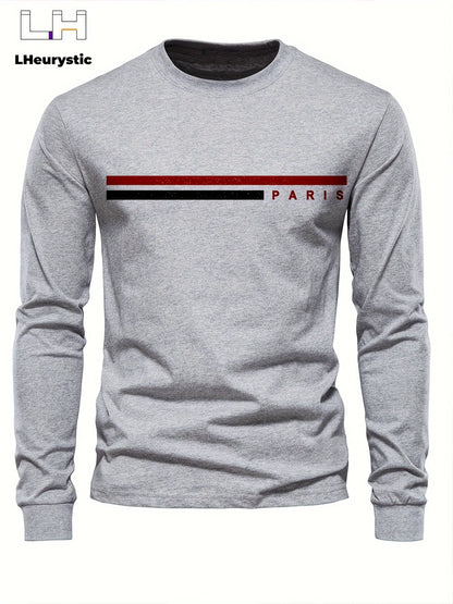 Men's 100% pure cotton summer loose comfortable casual  PARIS print large round neck long sleeve T-shirt top