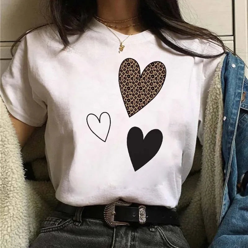 Leopard Print Simple Round Neck Lovely Woman Harajuku Graphic T Shirts Tops Summer Fashion Harajuku Sleeve Aesthetic Clothes