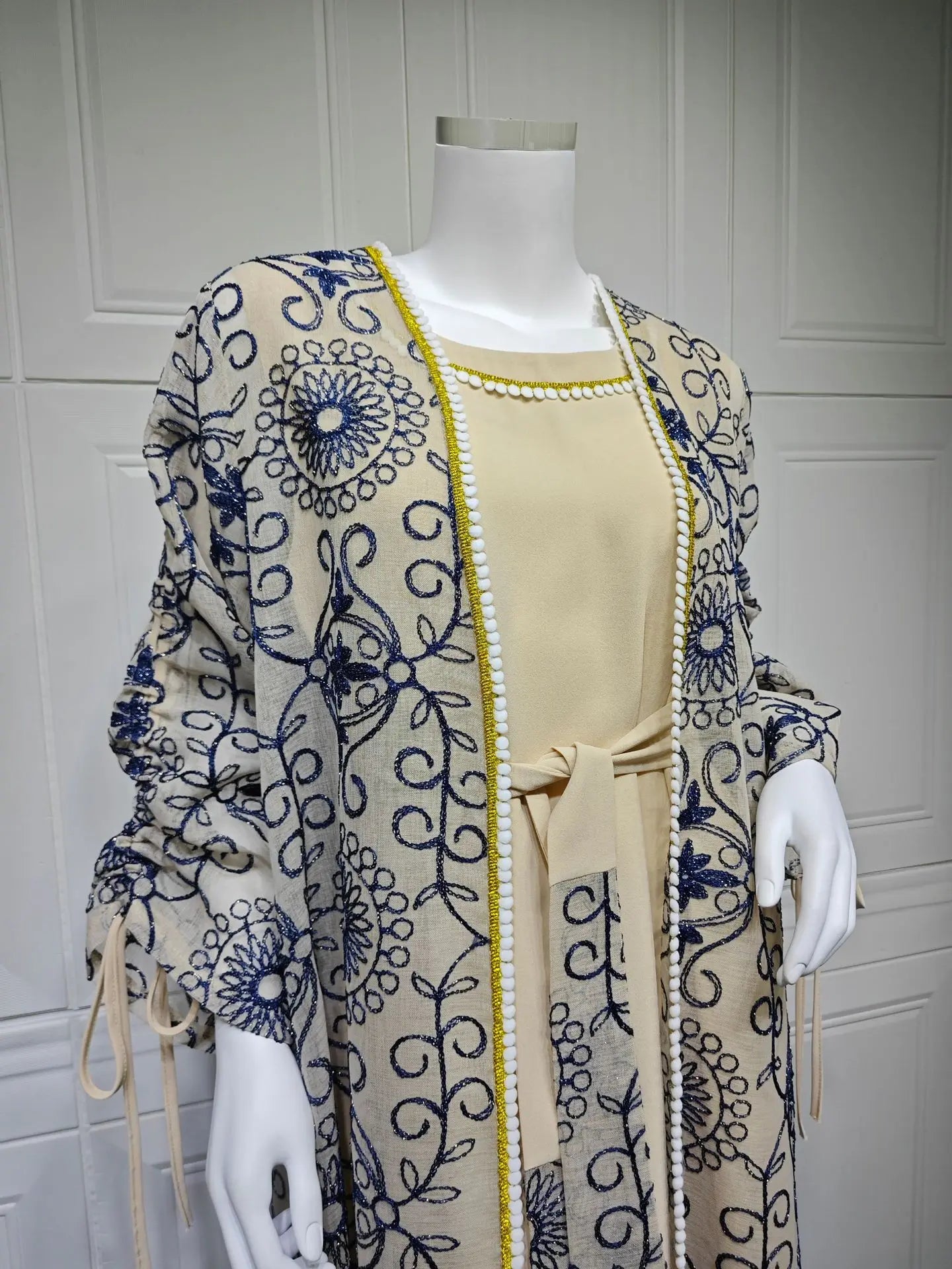 Eid Muslim Abayas for Women Party 2 Piece Set Embroidery Cardigan Robe Lace Up Dress Morocco Kaftan Islam Ramadan Dubai Vestidos