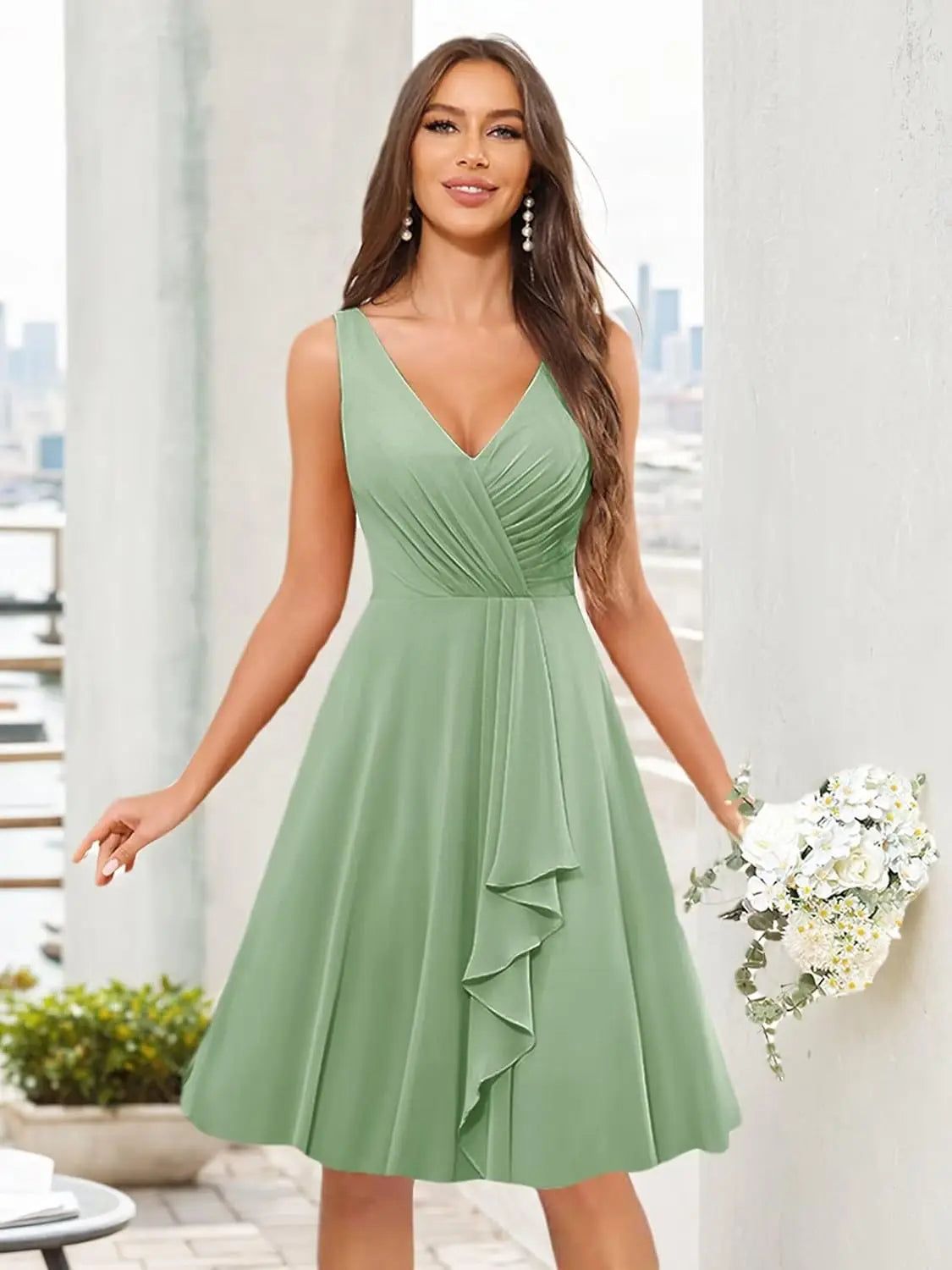 Short Bridesmaid Dresses for Women V-Neck Knee Length Pleated Ruffles Chiffon Evening Gown Evening Dresses Prom Party Dresses