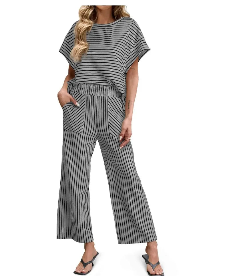 2026 New Women Pants Set Striped Casual Loose Fashion Comfortable Niche Round Neck Elastic Waist Daily Commuter Style Pants Set