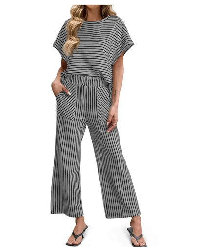 2026 New Women Pants Set Striped Casual Loose Fashion Comfortable Niche Round Neck Elastic Waist Daily Commuter Style Pants Set