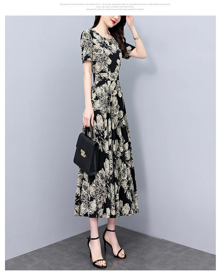 2024 Summer Floral Casual Long Sundress Women Elegant Bodycon Party Chic Prom Night Dresses Fashion Vintage Black Luxury Clothes