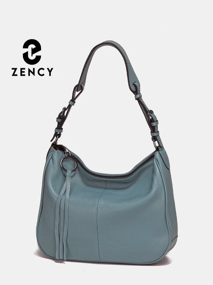 Zency Genuine Leather Hobo Bag Women Simple Classic Casual Handbag Shoulder Tote Soft Crossbody Large Pockets Tassel Bags
