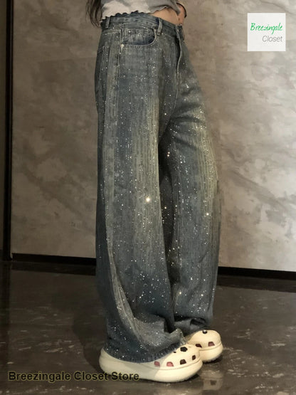 Korean style fashion rhinestone jeans women's autumn and winter new design temperament high waist straight loose trousers.