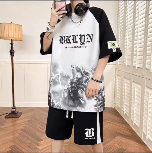 2026Summer fashion men's personalized letterprintcomfortable breathableround neck T-shirt shorts set outdoor street style outfit