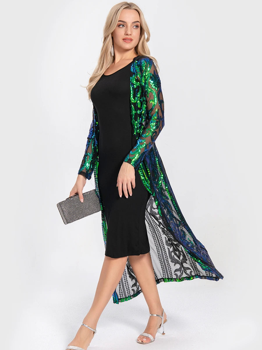 Women Sexy Long Sequin Open Front Mesh Cardigan Embroidery Long Sleeve Blouse Cover Up Coat Evening Prom Party Tops