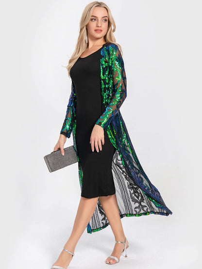 Women Sexy Long Sequin Open Front Mesh Cardigan Embroidery Long Sleeve Blouse Cover Up Coat Evening Prom Party Tops
