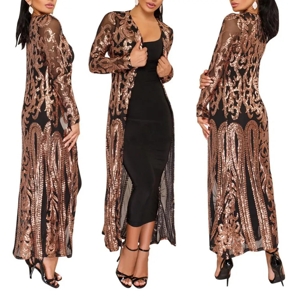 Women's Long Coat Sexy Sequin Perspective Long Sleeve Maxi Coat Gown Cardigan Vintage Evening Party Open Blouse кардиган женский