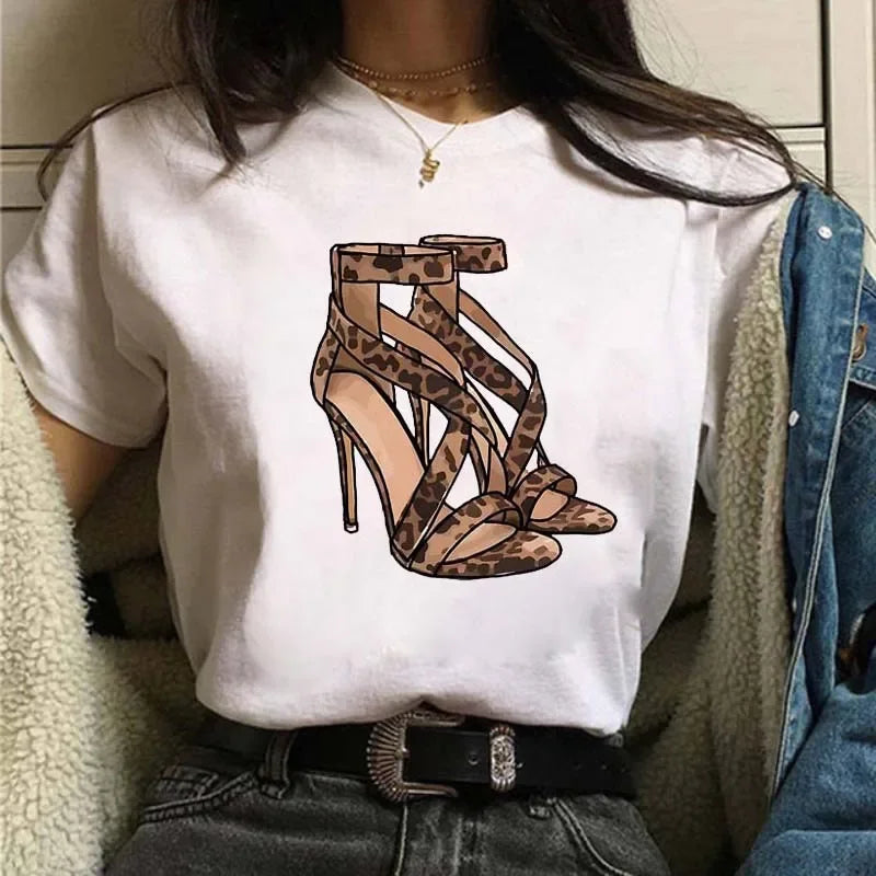 Leopard Print Simple Round Neck Lovely Woman Harajuku Graphic T Shirts Tops Summer Fashion Harajuku Sleeve Aesthetic Clothes