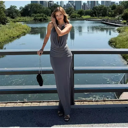 Elegant Women's Grey Halter Cowl-neck Draped Maxi Dress Sleeveless Slim Robe 2025 Summer New Fashion Female Evening Party Gown