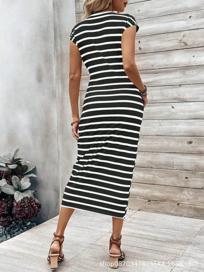 Summer New Long Dress Elegant Waist Strap Fashionable Striped Print Round Neck Short Sleeved High-end Women's Dress
