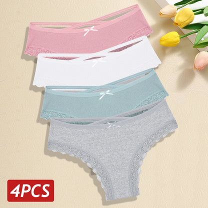 4PCS/Set Women Cotton Panties Sexy Lace Braizlian Panties Low Rise Hollow Out Underwear for Female Cute Bow Breathable Lingerie