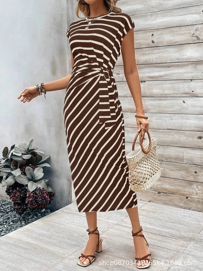 Summer New Long Dress Elegant Waist Strap Fashionable Striped Print Round Neck Short Sleeved High-end Women's Dress