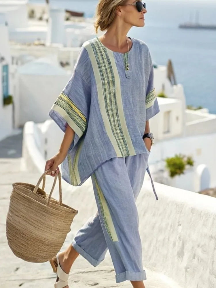 Retro Vacation Printed Striped 2Piece Set Half Sleeve Oversize Pullover Top+Long Pants Casual Women Patchwork Pocket Set Outfits