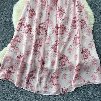 New Korean Fashion Rose Flower Print Romantic Retro Party Dress Summer Elastic High Waist Vacation Long Dress Beach Vestido