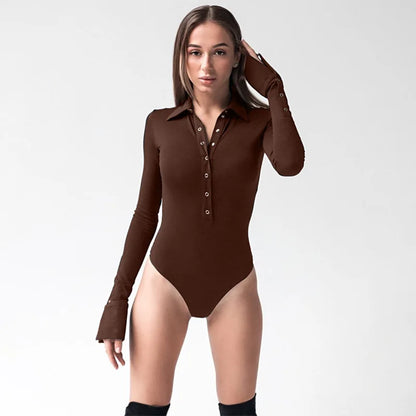 Long Sleeve Bodysuit Women Y2k Clothes Button Lapel Sexy Tops Autumn Winter Fashion Stretch Tight Elegant Body Suits Women 2024