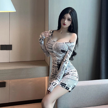 8186Europe and America2026Cross-border foreign trade American-style spicy girl newspaper print slimming long-sleeve dress trendy