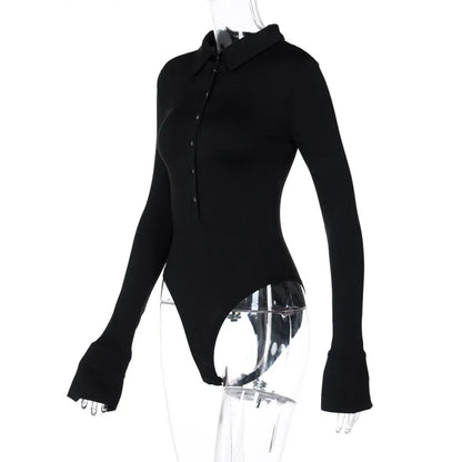 Long Sleeve Bodysuit Women Y2k Clothes Button Lapel Sexy Tops Autumn Winter Fashion Stretch Tight Elegant Body Suits Women 2024