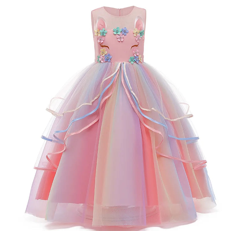 Girl's Long Unicorn Rainbow Wedding Party Dress Girl's Birthday Party Unicorn Character Dance Performance Dress Three Piece Set