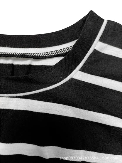 Summer New Long Dress Elegant Waist Strap Fashionable Striped Print Round Neck Short Sleeved High-end Women's Dress