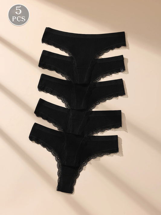 5Pcs Women Thongs Sexy Lace Panties Low Waist Underwear Girls Briefs G-String Breathable Ladies Panty Black Female Lingerie S-XL
