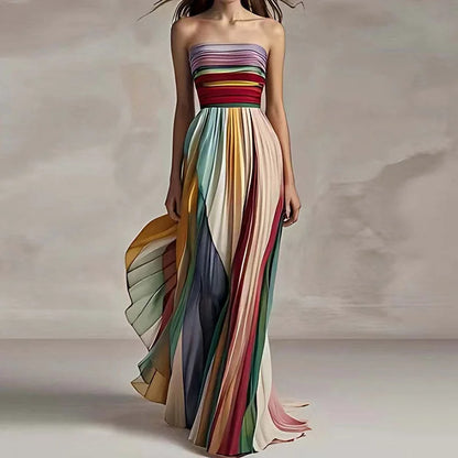 Women Summer Printing Patchwork Maxi Dress, Sleeveless Fashion Holiday Party Dress, 2024 Elegant Strapless Ladies Dress Vestidos