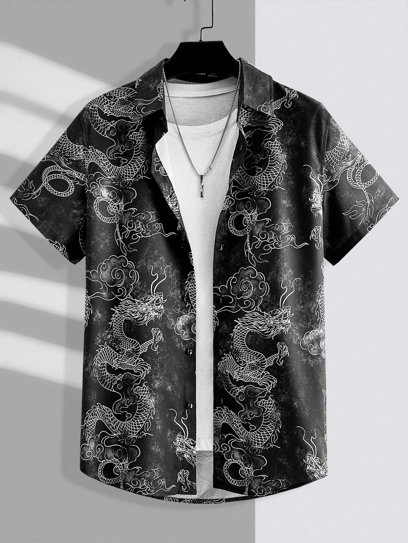 Art Dragon Fashion Print Men's Short Sleeve Shirts Casual Women's Button Up Short Sleeve Tops
