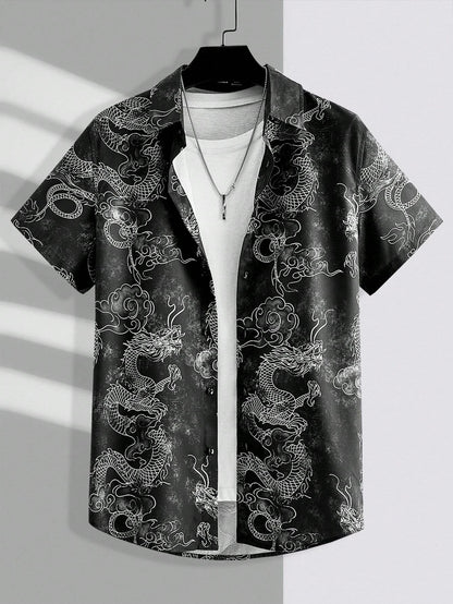 Art Dragon Fashion Print Men's Short Sleeve Shirts Casual Women's Button Up Short Sleeve Tops