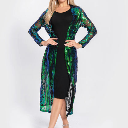 Women Sexy Long Sequin Open Front Mesh Cardigan Embroidery Long Sleeve Blouse Cover Up Coat Evening Prom Party Tops
