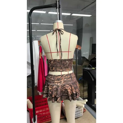 Skirt Set Women Neck Hanging Sexy Spicy Girl Low Waist Leopard Print Backless Vest Deep V Popular Street Suit Summer 2025 New