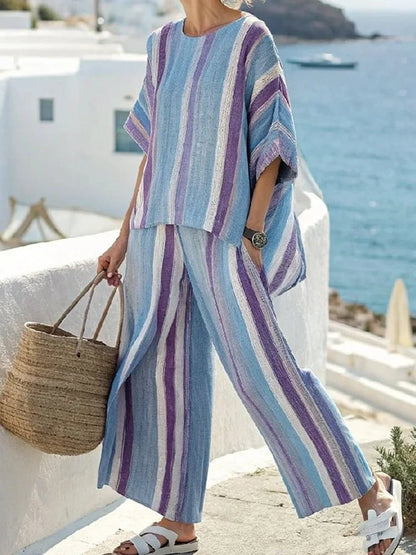 Retro Vacation Printed Striped 2Piece Set Half Sleeve Oversize Pullover Top+Long Pants Casual Women Patchwork Pocket Set Outfits