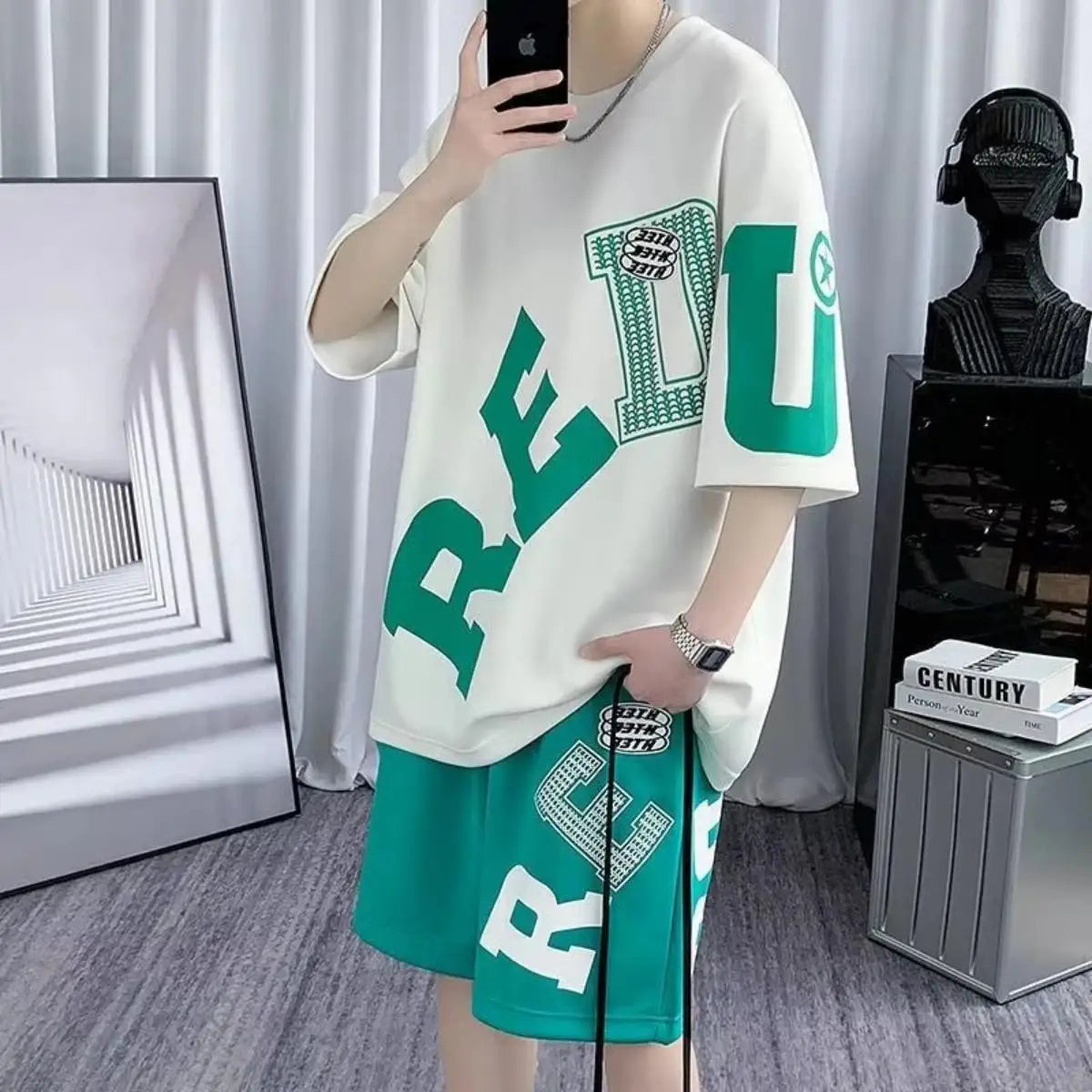 2026Summer fashion men's personalized letterprintcomfortable breathableround neck T-shirt shorts set outdoor street style outfit
