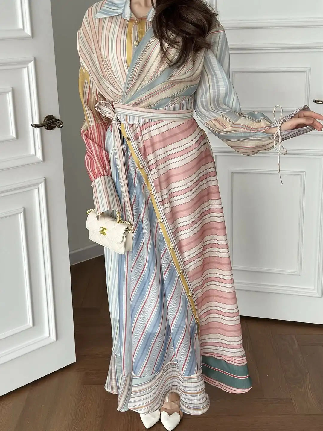Women Multicolor Striped Maxi Dress Collared Waist Belt Wrap Long Sleeve Ruffle Hem Casual Summer Dress 2026 Trendy Lady Robe