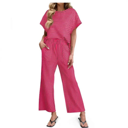 2026 New Women Pants Set Striped Casual Loose Fashion Comfortable Niche Round Neck Elastic Waist Daily Commuter Style Pants Set