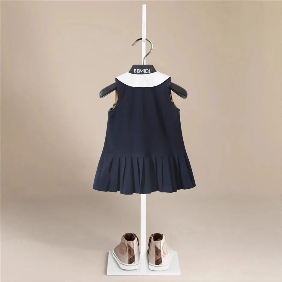 Girls Dress Summer Party Sleeveless  Plaid Dress Cotton Kids Dresses College Style Pleated Skirt Navy Blue New Year Costumes