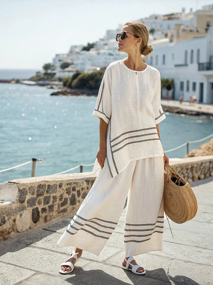 Retro Vacation Printed Striped 2Piece Set Half Sleeve Oversize Pullover Top+Long Pants Casual Women Patchwork Pocket Set Outfits