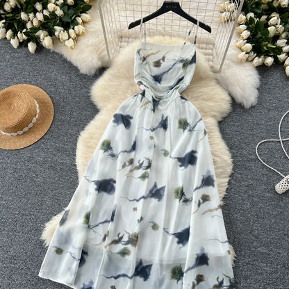 New Korean Fashion Rose Flower Print Romantic Retro Party Dress Summer Elastic High Waist Vacation Long Dress Beach Vestido