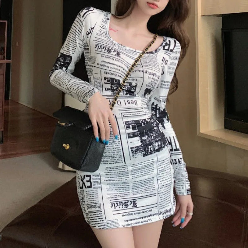 Dress for Women Korean Style Tight Newspaper Printed Dress Summer Hot Girl Suspender Short Skirt Pure Desire Long Sleeved Dress