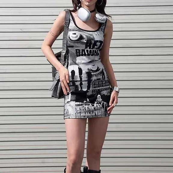 Dress for Women Korean Style Tight Newspaper Printed Dress Summer Hot Girl Suspender Short Skirt Pure Desire Long Sleeved Dress