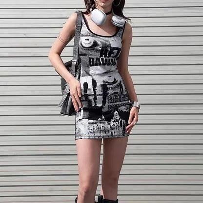 Dress for Women Korean Style Tight Newspaper Printed Dress Summer Hot Girl Suspender Short Skirt Pure Desire Long Sleeved Dress
