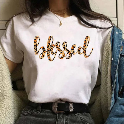 Leopard Print Simple Round Neck Lovely Woman Harajuku Graphic T Shirts Tops Summer Fashion Harajuku Sleeve Aesthetic Clothes