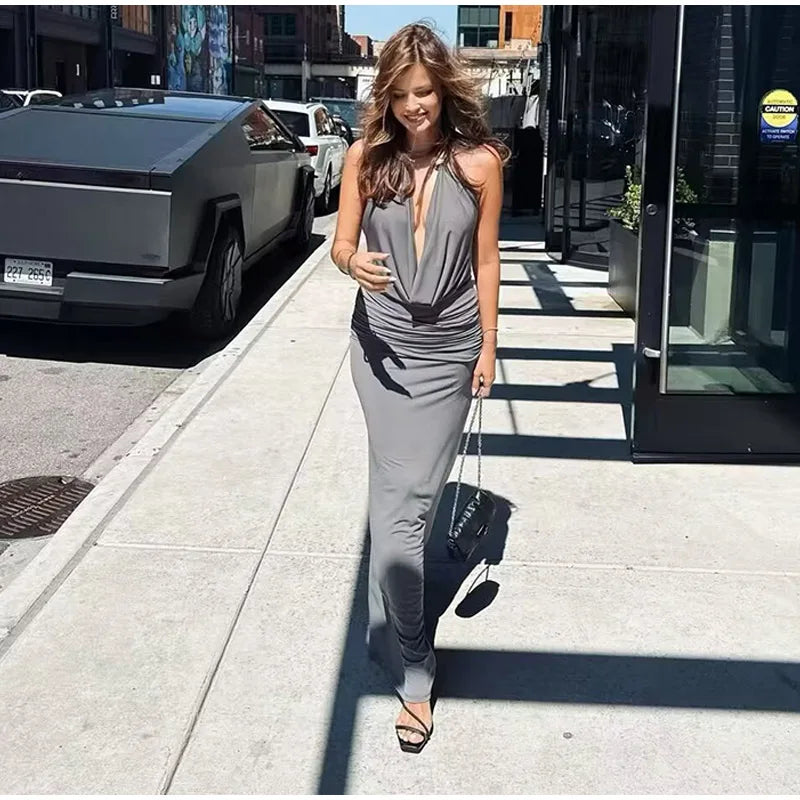 Elegant Women's Grey Halter Cowl-neck Draped Maxi Dress Sleeveless Slim Robe 2025 Summer New Fashion Female Evening Party Gown