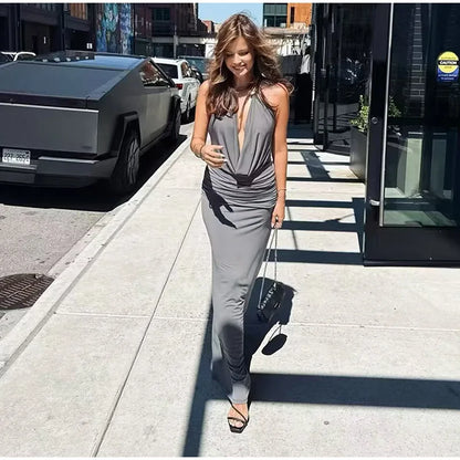 Elegant Women's Grey Halter Cowl-neck Draped Maxi Dress Sleeveless Slim Robe 2025 Summer New Fashion Female Evening Party Gown