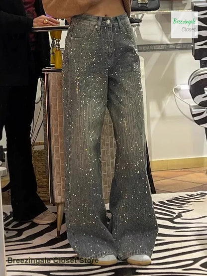 Korean style fashion rhinestone jeans women's autumn and winter new design temperament high waist straight loose trousers.