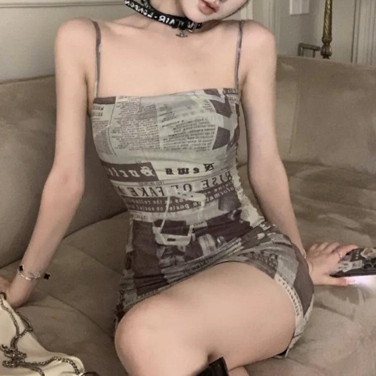 Dress for Women Korean Style Tight Newspaper Printed Dress Summer Hot Girl Suspender Short Skirt Pure Desire Long Sleeved Dress