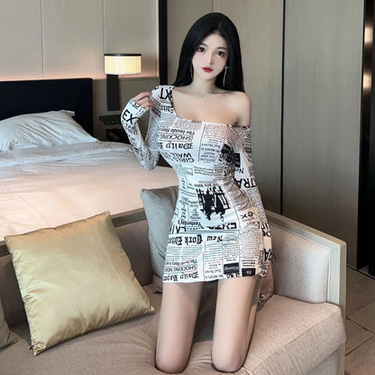 8186Europe and America2026Cross-border foreign trade American-style spicy girl newspaper print slimming long-sleeve dress trendy