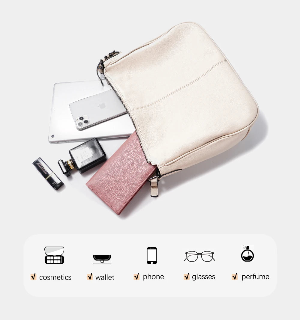 Zency Genuine Leather Hobo Bag Women Simple Classic Casual Handbag Shoulder Tote Soft Crossbody Large Pockets Tassel Bags